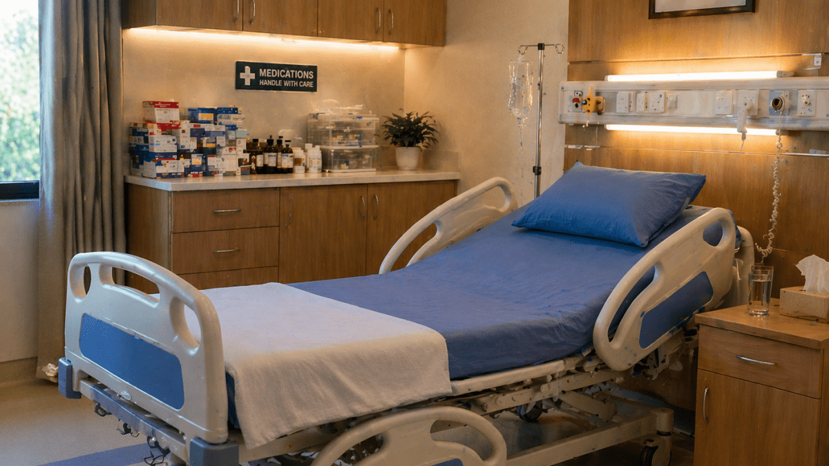 A clean and modern hospital room featuring a comfortable patient bed with medicines neatly arranged beside the cabinet for care and recovery. PHOTO/Photo generated by AI