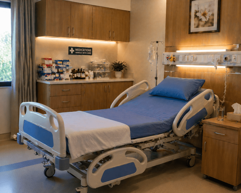 A clean and modern hospital room featuring a comfortable patient bed with medicines neatly arranged beside the cabinet for care and recovery. PHOTO/Photo generated by AI