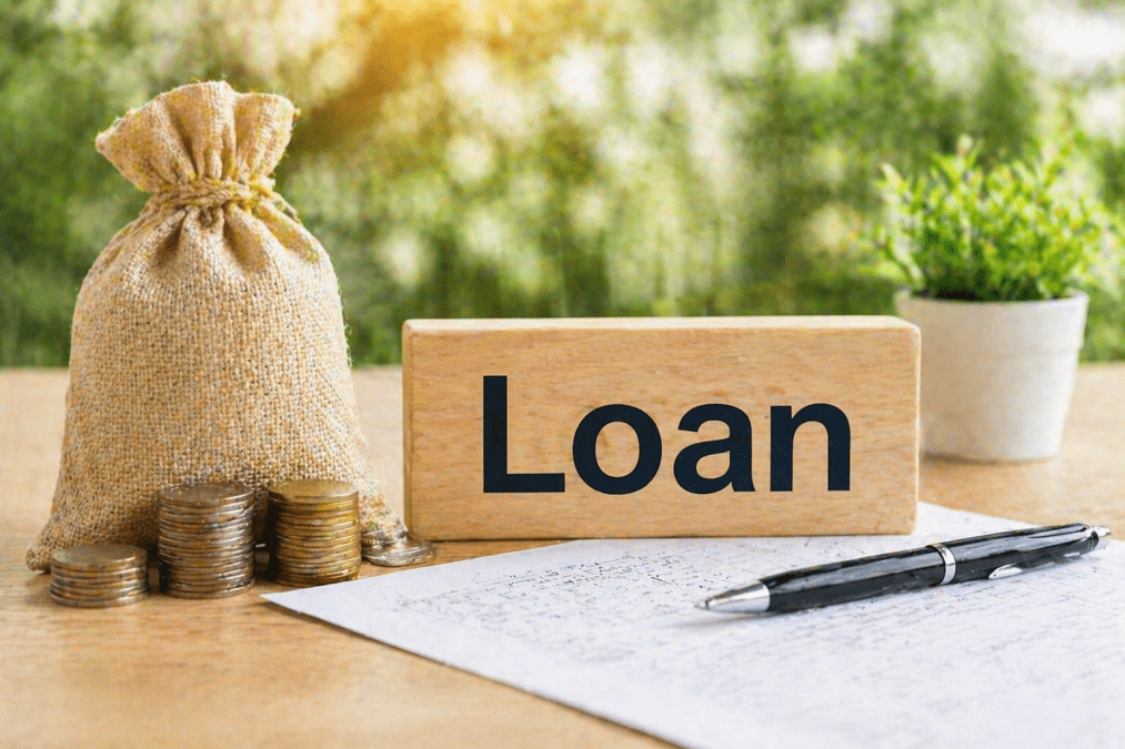 Wooden block labeled Loan placed beside coins, a money bag and paperwork on a table, showing a simple everyday borrowing and finance concept. PHOTO/Photo generated by AI
