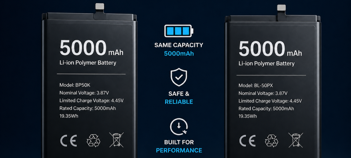 image of two black smartphone batteries labelled 5000mAh placed side by side. PHOTO/Photo generated by AI