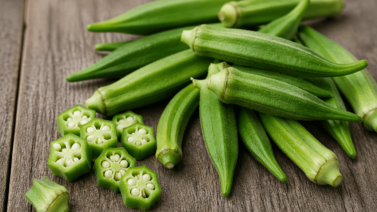 Fresh green okra pods and sliced okra pieces on a rustic wooden surface, showing natural texture and seeds in sharp detail. PHOTO/Photo generated by AI
