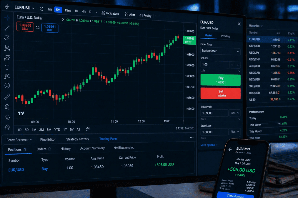 Multiple trading screens showing rising forex candlestick charts and open profit positions. PHOTO/Photo generated by AI