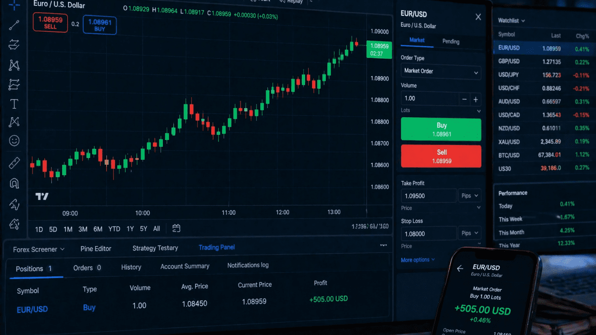 Multiple trading screens showing rising forex candlestick charts and open profit positions. PHOTO/Photo generated by AI