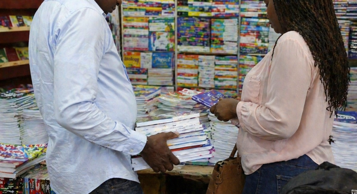 Parents shop for school books and supplies inside a busy bookshop, holding textbooks beside shelves and stacks of stationery. PHOTO/Photo generated by AI