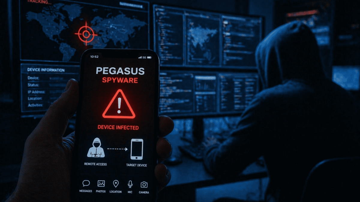 Smartphone showing spyware warning screen in front of dark monitors and a shadowy figure. PHOTO/Photo generated by AI