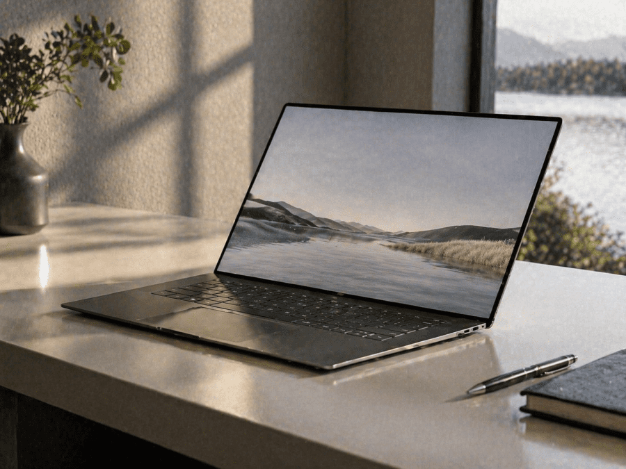 A slim laptop placed on a table. PHOTO/Photo generated by AI