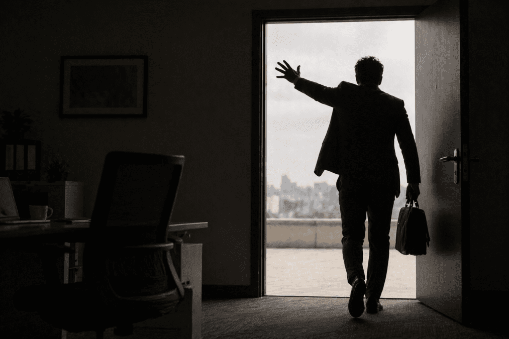 Silhouette of an angry employee walking out of an office door with hand raised. PHOTO/Photo generated by AI