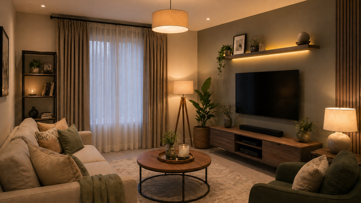 modern sitting room with warm balanced lighting, matching bulb colours, ceiling lights, floor lamps and soft ambient glow. PHOTO/Photo generated by AI