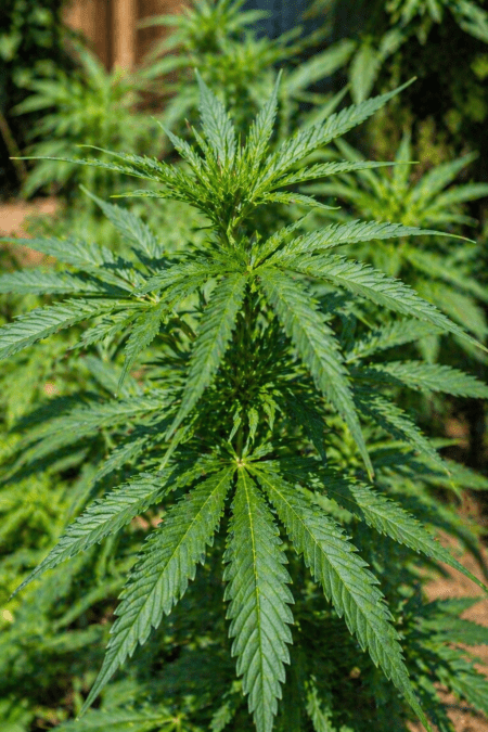 Green bhang plant growing in a garden, showing fresh leaves in a close-up outdoor view. PHOTO/Photo generated by AI