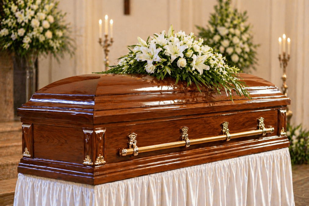 Polished wooden coffin with white flowers placed in a calm memorial setting with candles and floral arrangements. PHOTO/Photo generated by AI