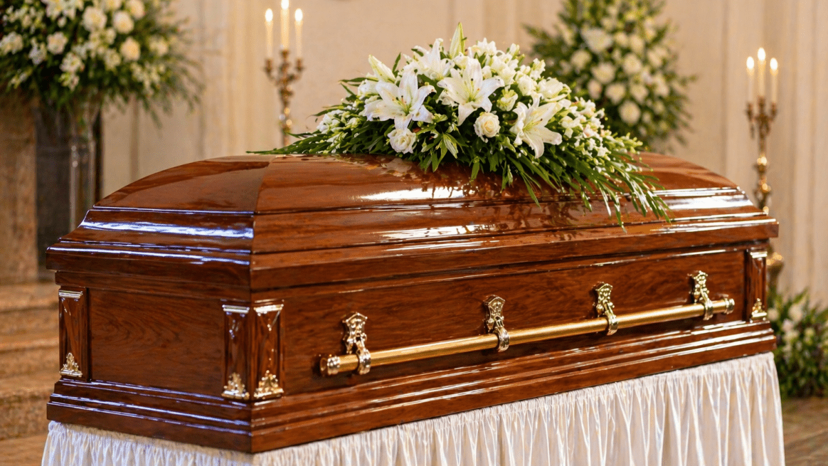 Polished wooden coffin with white flowers placed in a calm memorial setting with candles and floral arrangements. PHOTO/Photo generated by AI