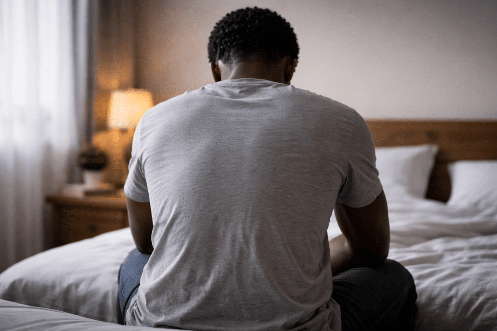 Moodless man sitting alone on bed at home as he reflects in silence. PHOTO/Photo generated by AI