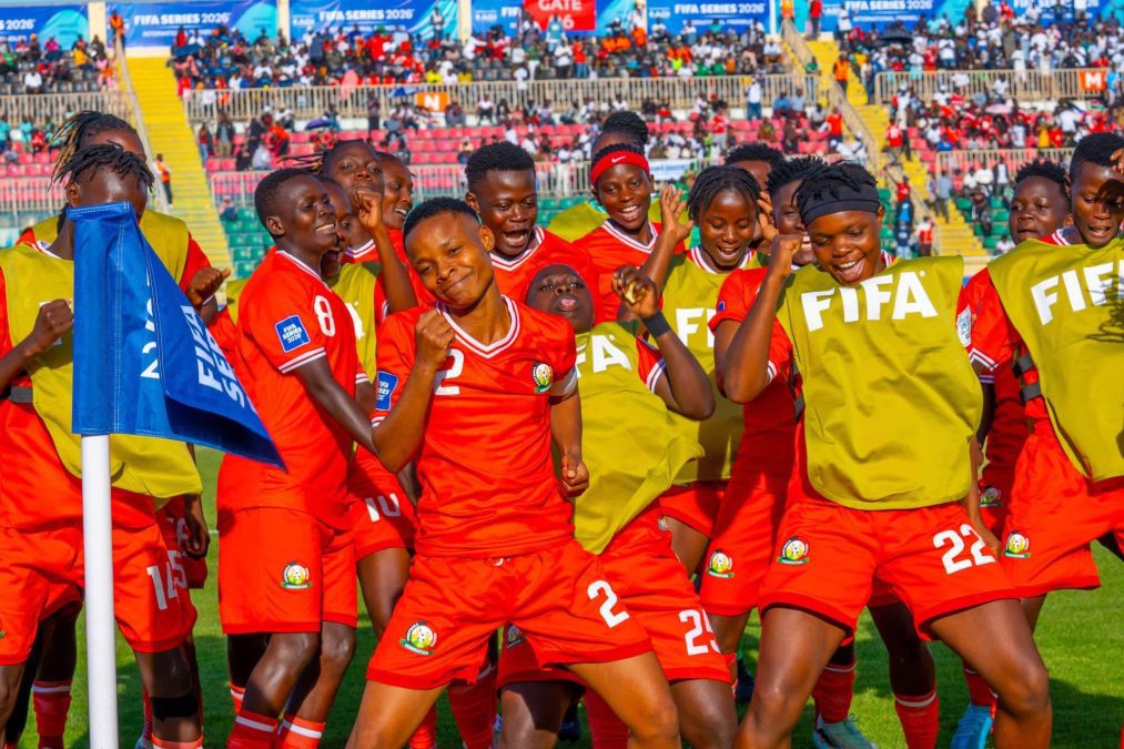 Harambee Starlets players celebrating their first goal against India in the FIFA Series meeting at Nyayo National Stadium on Saturday, April 11, 2026. PHOTO/https://web.facebook.com/williamsamoei