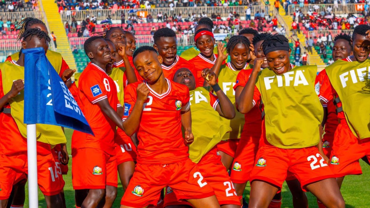 Harambee Starlets players celebrating their first goal against India in the FIFA Series meeting at Nyayo National Stadium on Saturday, April 11, 2026. PHOTO/https://web.facebook.com/williamsamoei