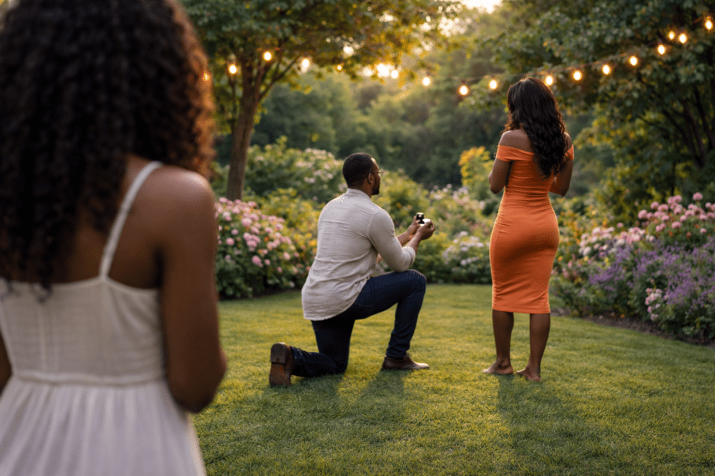 Black man proposing to second wife in garden as first wife watches from behind outdoors. PHOTO/Photo generated by AI