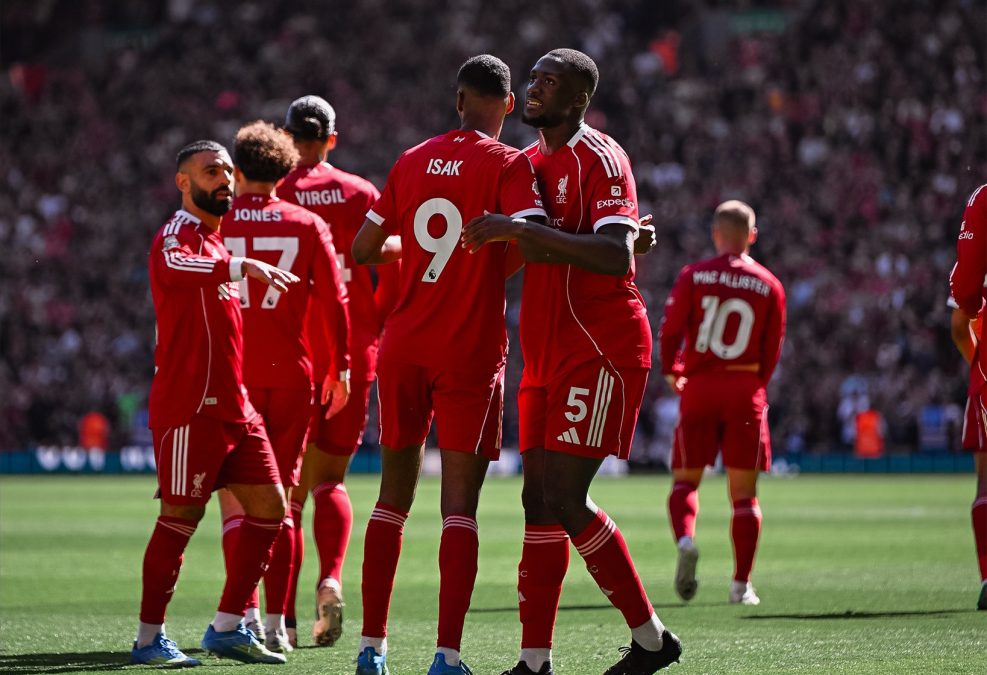 Liverpool players celebrating their opening goal against Crystal Palace on Saturday, April 25, 2026. PHOTO/https://web.facebook.com/LiverpoolFC