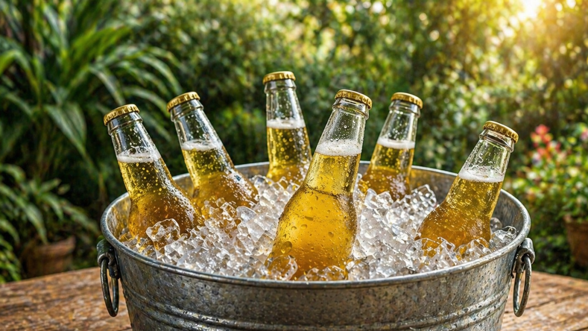 A photo of six cold beer bottles standing in ice inside a metal bucket on a wooden table, with extra padding around the scene and a blurred green garden background. PHOTO/Photo generated by AI