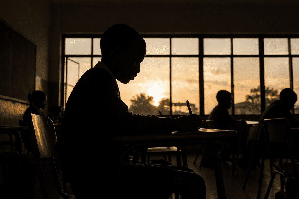 Silhouette of a student seated in a classroom writing at a desk, with other learners and window light in the background. PHOTO/Photo generated by AI