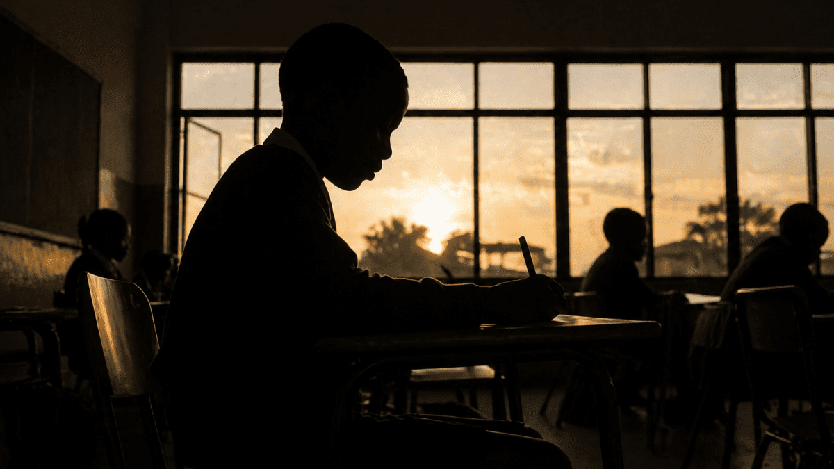 Silhouette of a student seated in a classroom writing at a desk, with other learners and window light in the background. PHOTO/Photo generated by AI