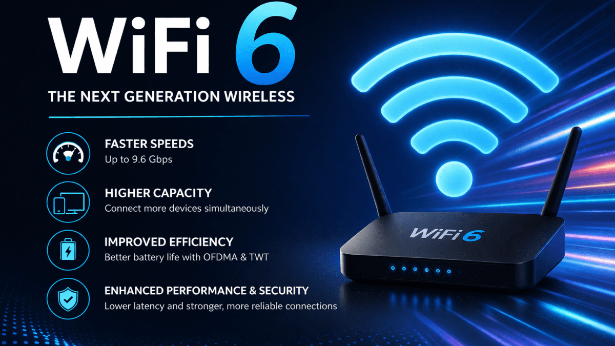 andscape image of a modern WiFi 6 router with glowing blue wireless signal icon above it. PHOTO/Photo generated by AI