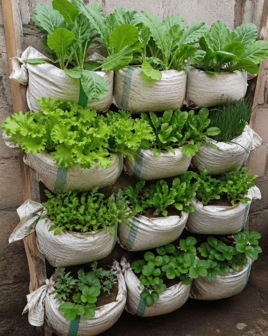A vertical sack garden made from stacked white grow bags filled with leafy green vegetables. PHOTO/Photo generated AI