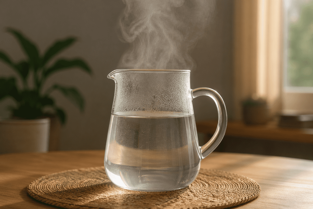 Transparent glass jug filled with warm water releasing steam on a wooden table. PHOTO/Photo generated by AI