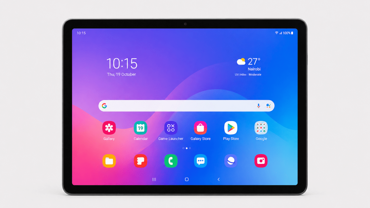 A modern tablet displayed on a clean background with extra space around it and a colourful screen showing app icons. PHOTO/Photo generated by AI