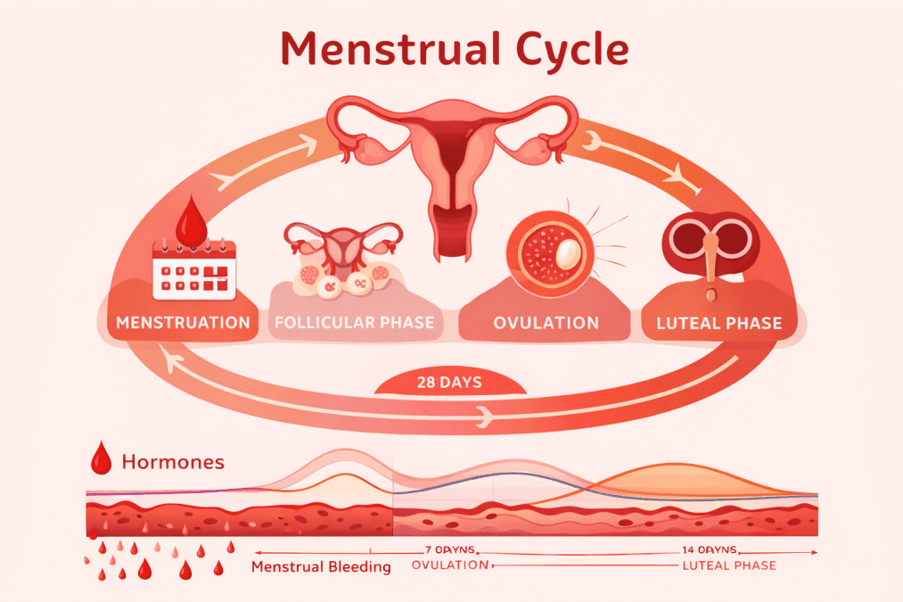 An educational graphic explains the menstrual cycle, showing key phases including menstruation, ovulation, and hormonal changes across 28 days. PHOTO/Photo generated by AI