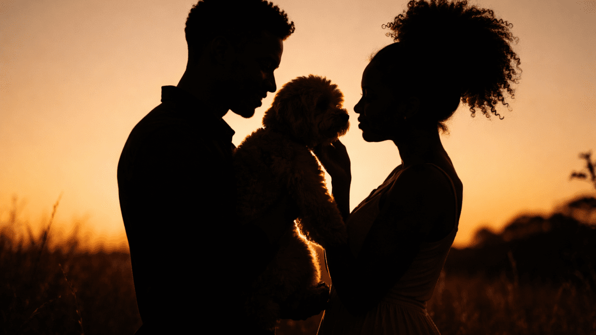 Couple holding pet. PHOTO/AI