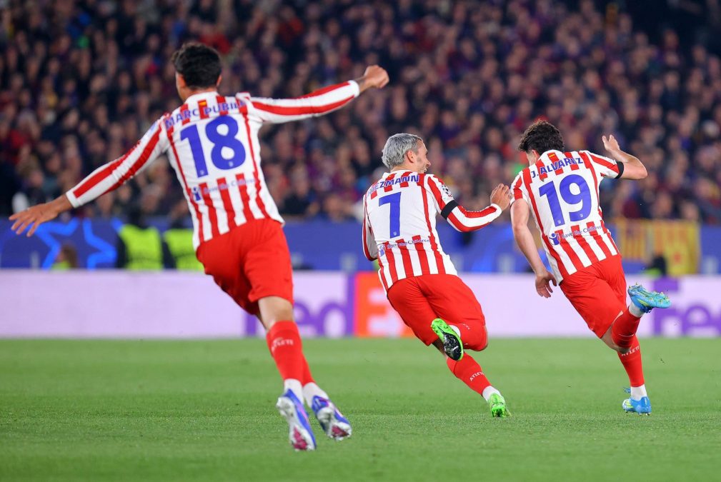 Julian Alvarez celebrates his goal against Barcelona in a UEFA Champions League first leg quarter-final on Wednesday, April 8, 2026, at Camp Nou. PHOTO/https://www.facebook.com/AtleticodeMadrid