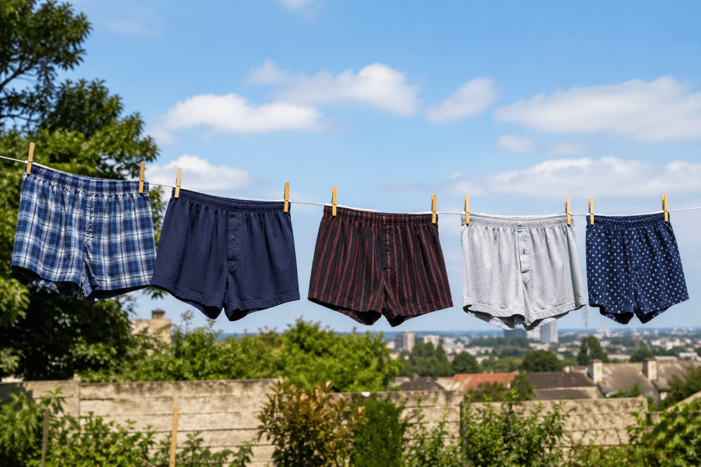 Image of men’s boxers hanging on a line using pegs. PHOTO/AI