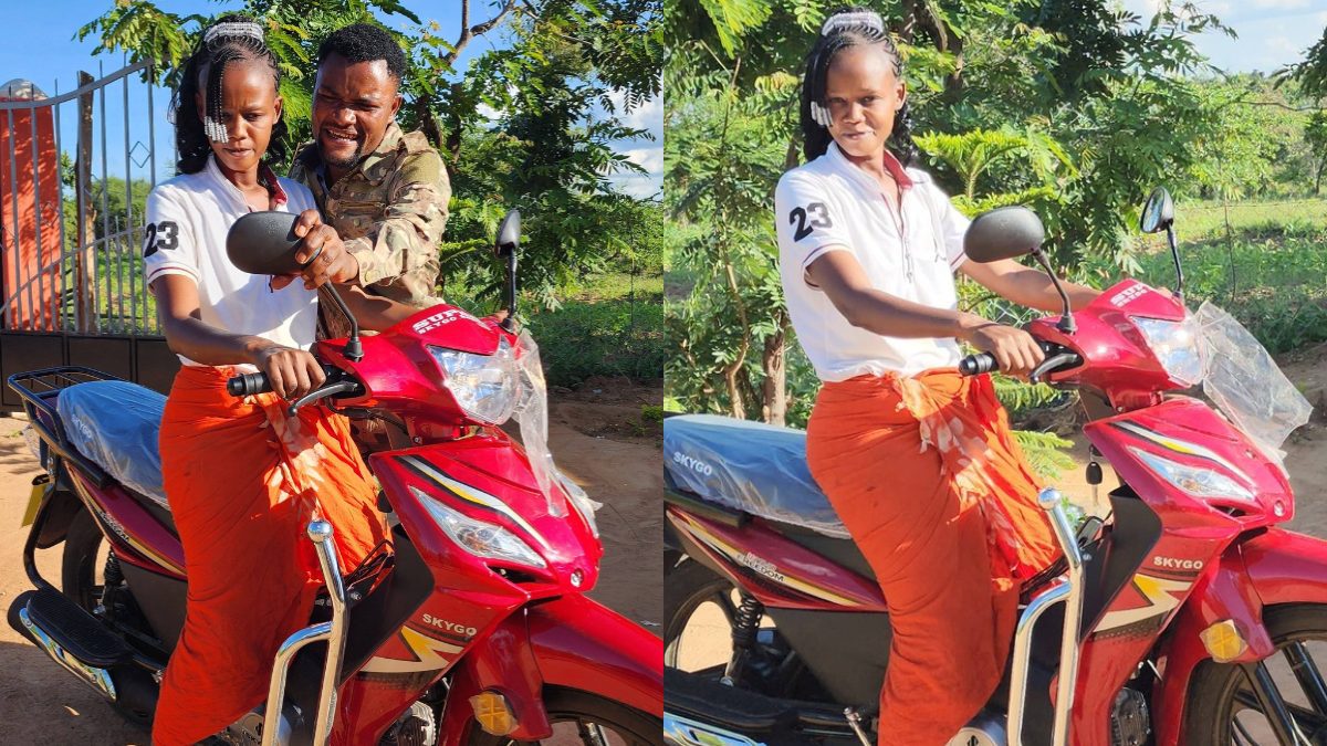 Ndeke Ya Muthanga surprises his wife with a motorbike. PHOTOS/https://www.facebook.com/profile.php?id=61550953605402