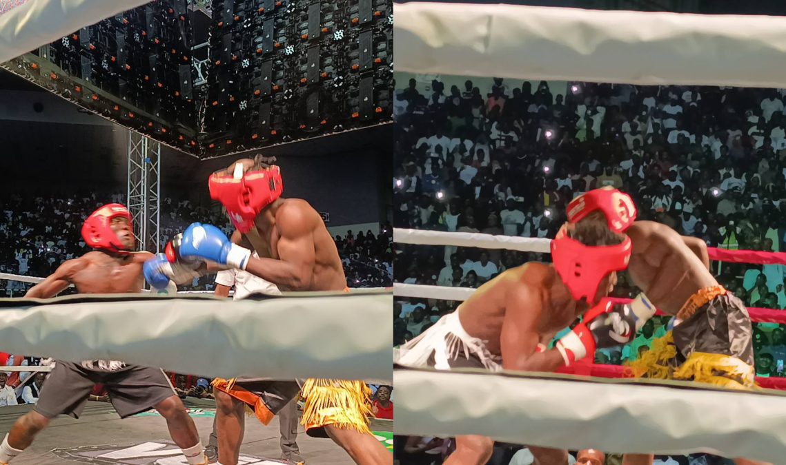 Mbavu Destroyer and Majembe during Vurugu fight night. PHOTO/screengrab by K24 Digital from video streamed by Obinna TV Studios