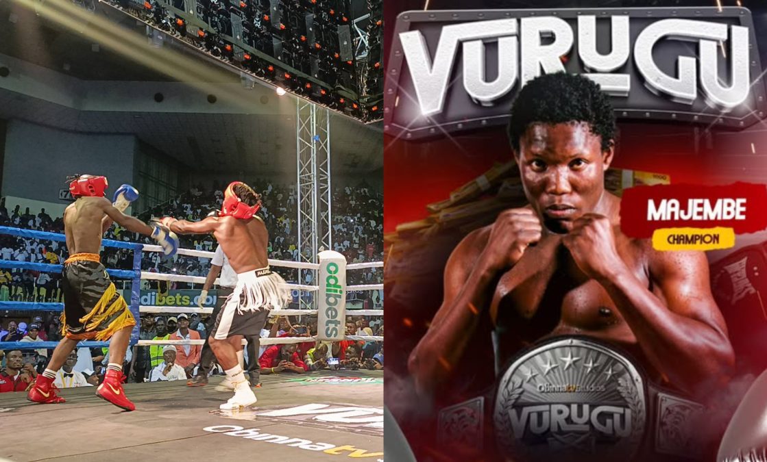 A collage of Mbavu Destroyer and Majembe during Vurugu fight night and Majembe's victory poster. PHOTO/screengrab by K24 Digital from video streamed by Obinna TV Studios/@ogaobinna/Instagram