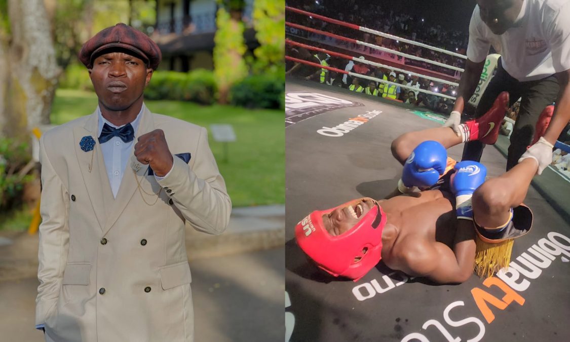 Mbavu Destroyer knocked out by Majembe during Vurugu fight night. PHOTO/@jackie-ogaga/Instagram