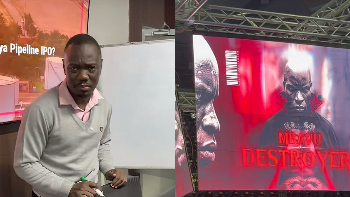 A collage featuring Eddie Butita and a screen displaying a Mabvu Detroyer ad at the Kasarani Indoor Arena. PHOTOS/@eddiebutita/TikTok.