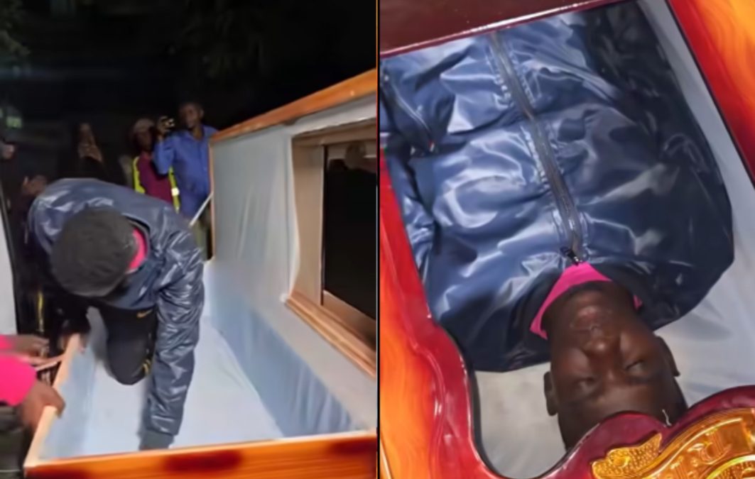 Pastor Jimmy Irungu inside a coffine . PHOTO/https://www.facebook.com/kiongozi.mosiriake