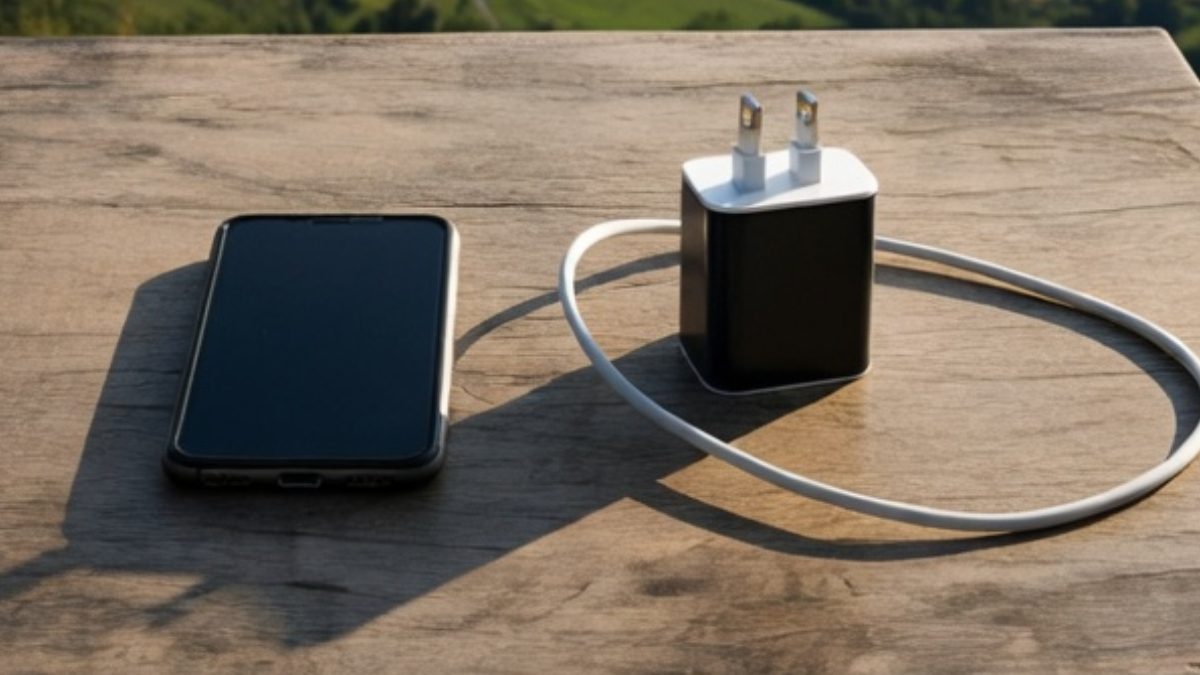 A smartphone and a phone charger. PHOTO/AI