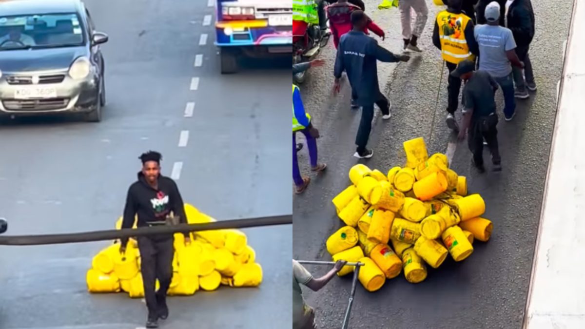 Eric Omondi walks in the middle of the road while pulling empty jerrycans in protest over high fuel prices. PHOTO/@ericomondi/Instagram