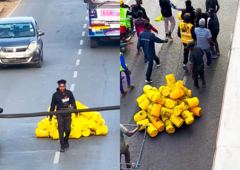 Eric Omondi walks in the middle of the road while pulling empty jerrycans in protest over high fuel prices. PHOTO/@ericomondi/Instagram