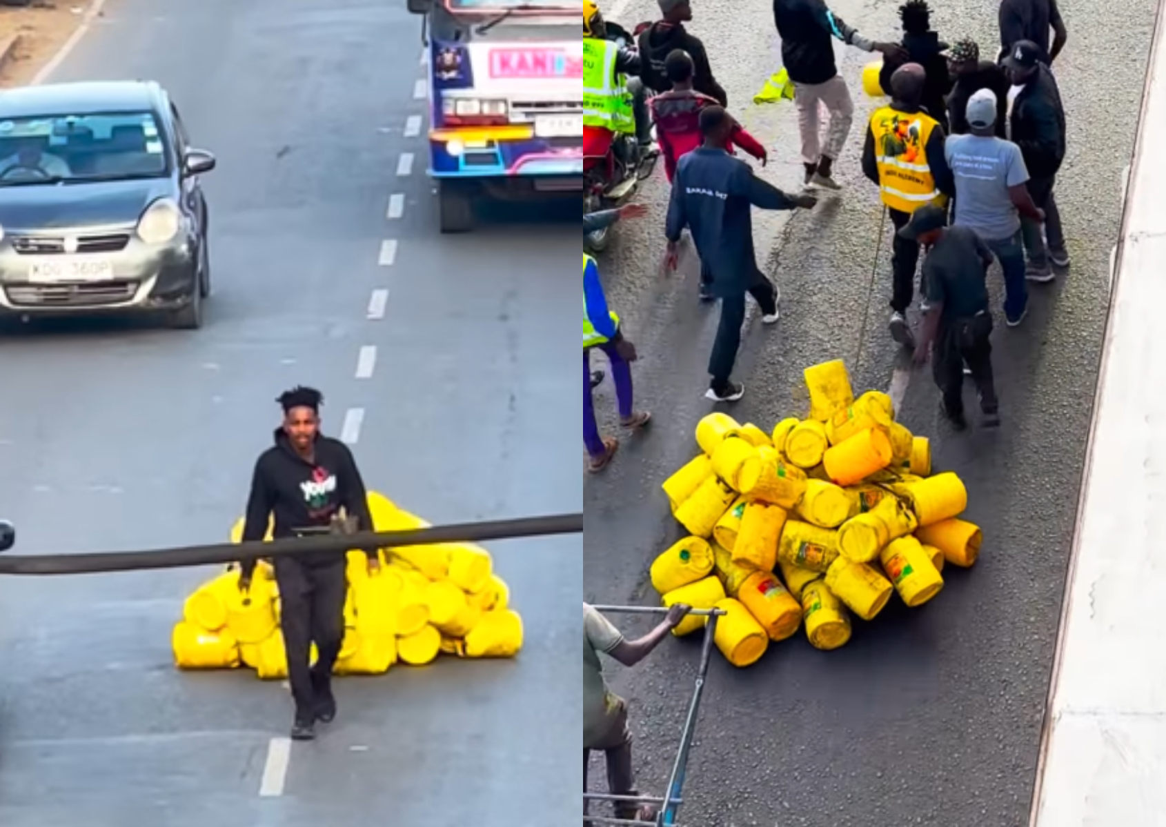 Eric Omondi walks with empty jerrycans in protest of high fuel prices