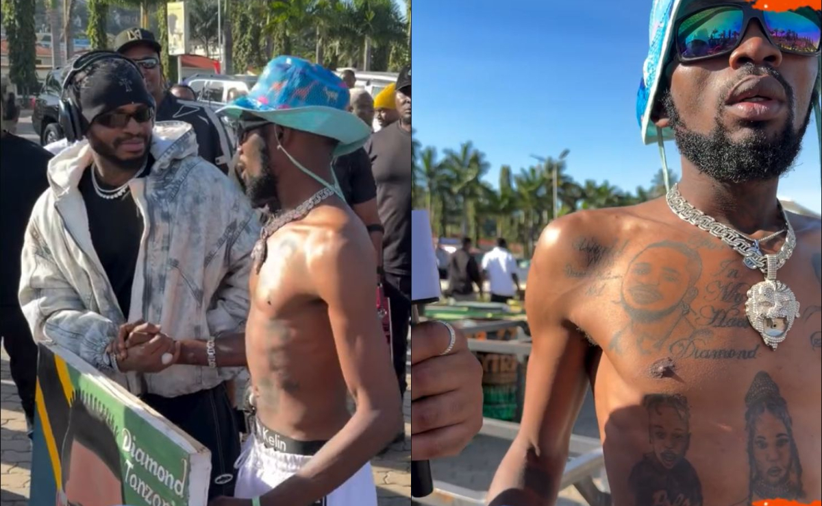 Diamond Platnumz gifts cash to fan covered in tattoos of his family members