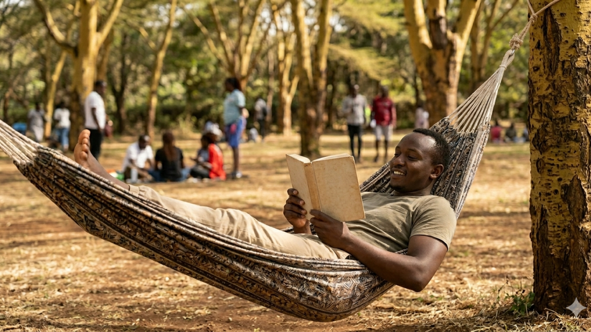 AI-generated image of a man relaxing as he reads a book in a city setting