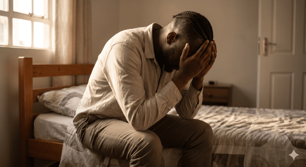 A person sitting alone on a bed, head in hands, in soft natural light