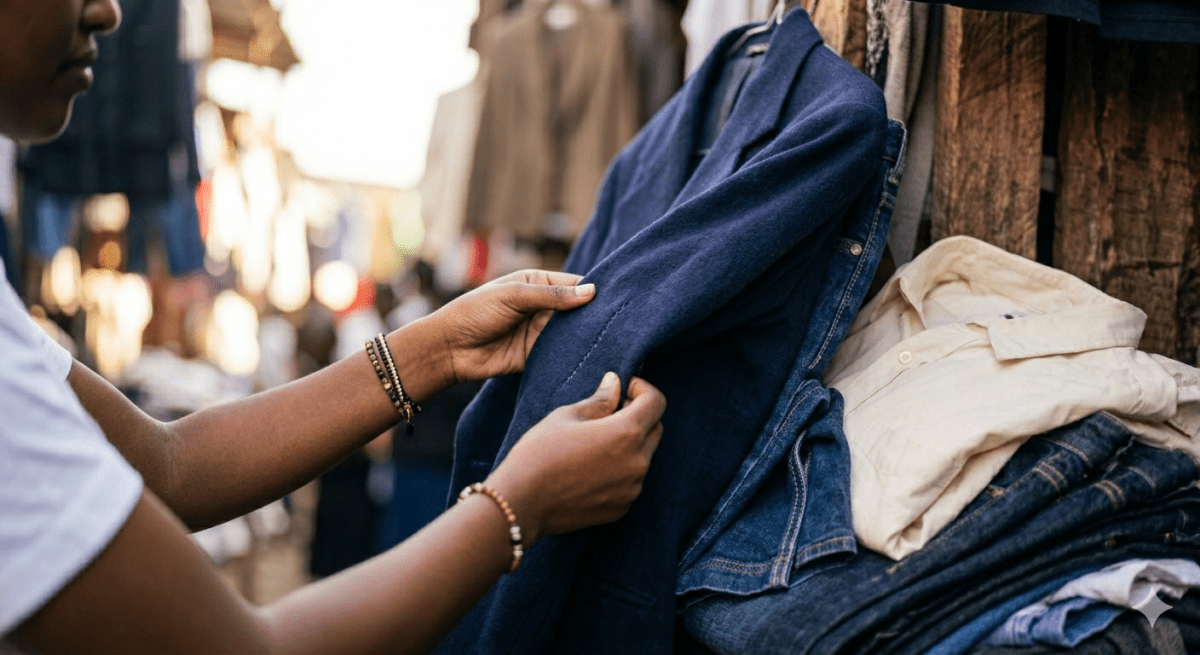 AI-generated image depicting a woman carefully inspecting a piece of clothing