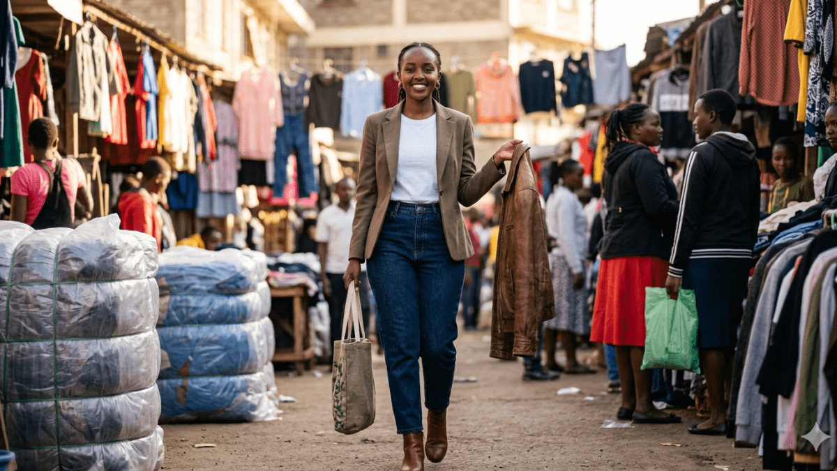 AI-generated image of a woman confidently leaving a market