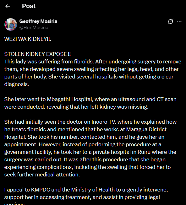 A post shared by Geoffrey Mosiria on X. PHOTO/Screengrab by K24 Digital