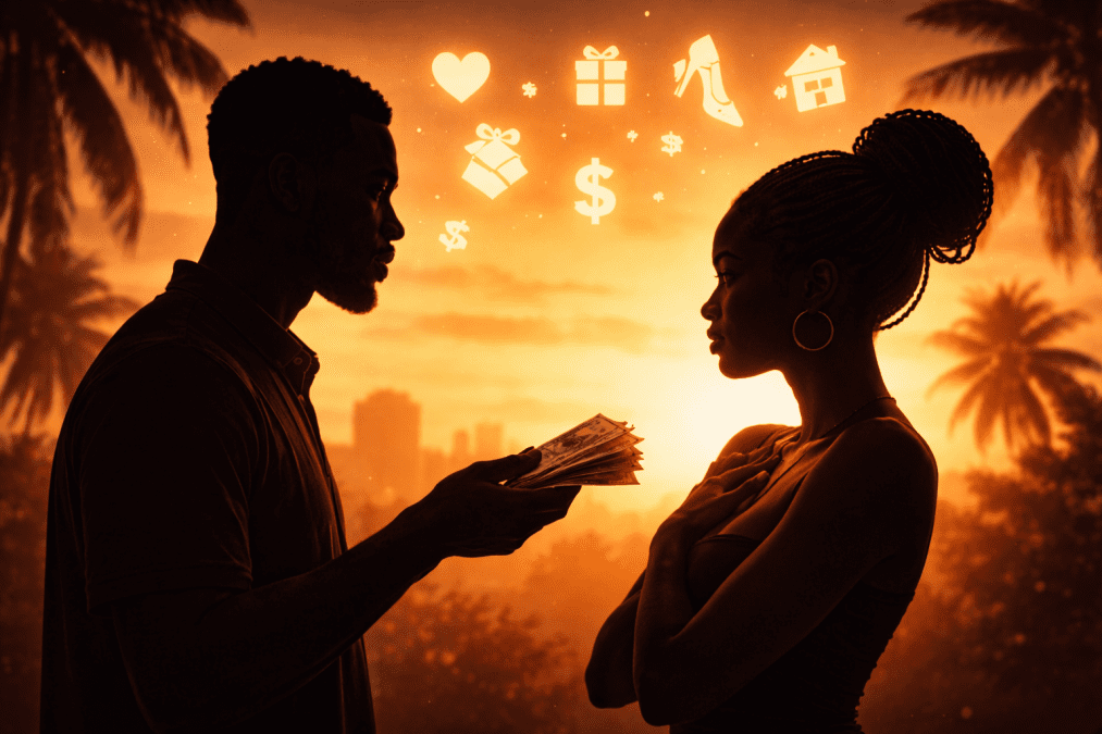 Silhouette of man giving woman money. PHOTO/AI
