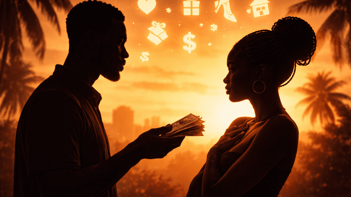 Silhouette of man giving woman money. PHOTO/AI