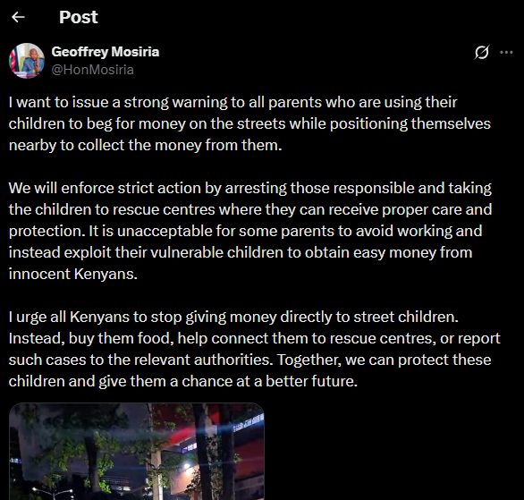 A post shared by Geoffrey Mosiria on X. PHOTO/Screengrab by K24 Digital